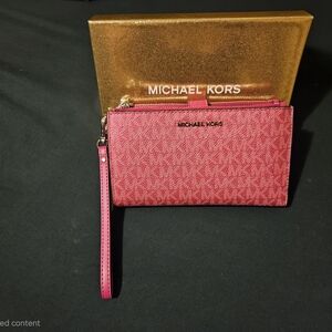 Michael Kors Jet Set Travel Double Zip Wristlet Wallet MK Logo Pink Dragonfruit
